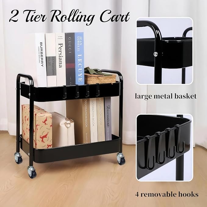 2 Tier Metal Rolling Utility Cart with Wheels Under Desk Storage Cart with Handle, Roll Around Organizer Trolley for Small Space Pantry Bathroom Home Kitchen Office Snack Baby Supplies, Black