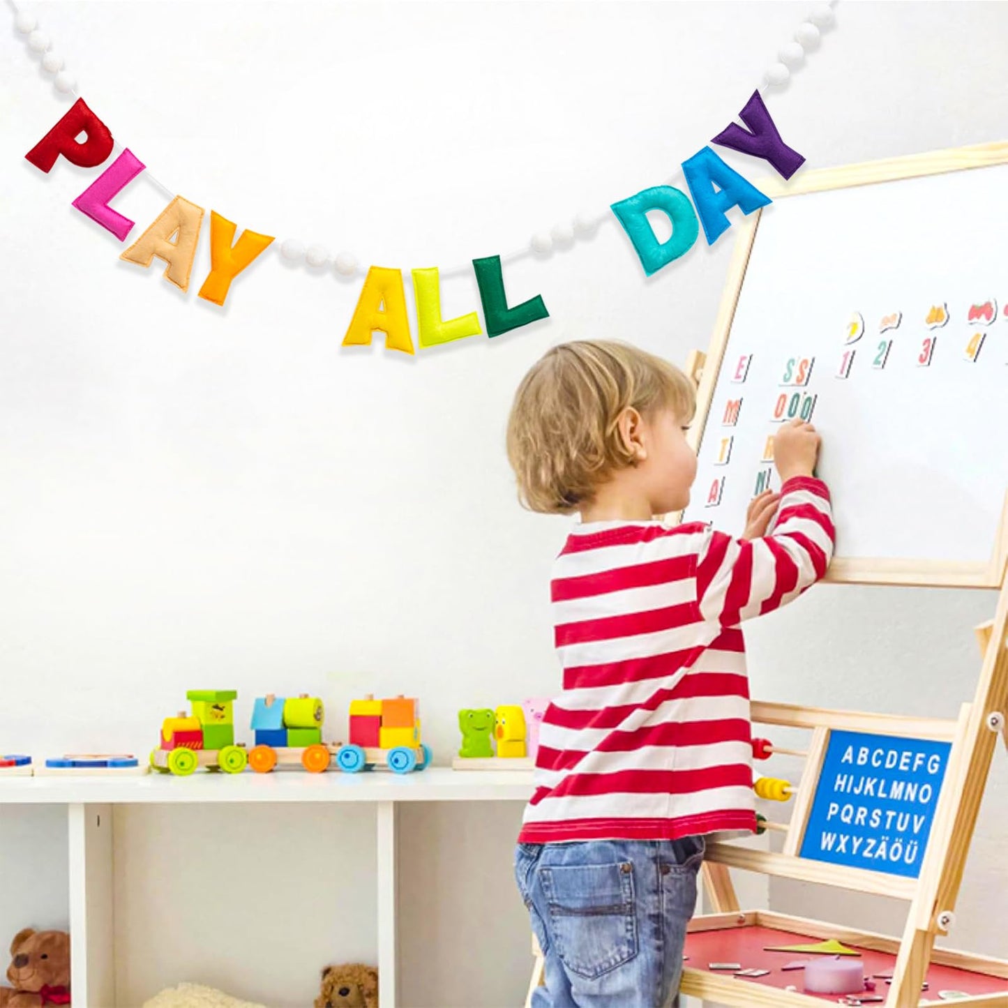 Pre-Strung Rainbow Play All Day Felt Banner Reusable Play Sign Play All Day Wall Hanging Felt Garland for Kids Nursery Playroom Wall Decor Boys Girls Playhouse Decor Toy Room Classroom Decoration