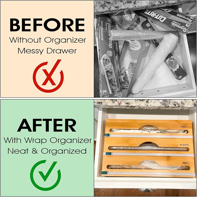 3-in-1 Bamboo Wrap Organizer with Cutters, Labels, Interior Holders, Anti-Slip Pads - Kitchen Drawer, Pantry, Storage for Plastic Wrap, Aluminum Foil, Wax Paper, Kitchen Storage, 12" Roll Holder