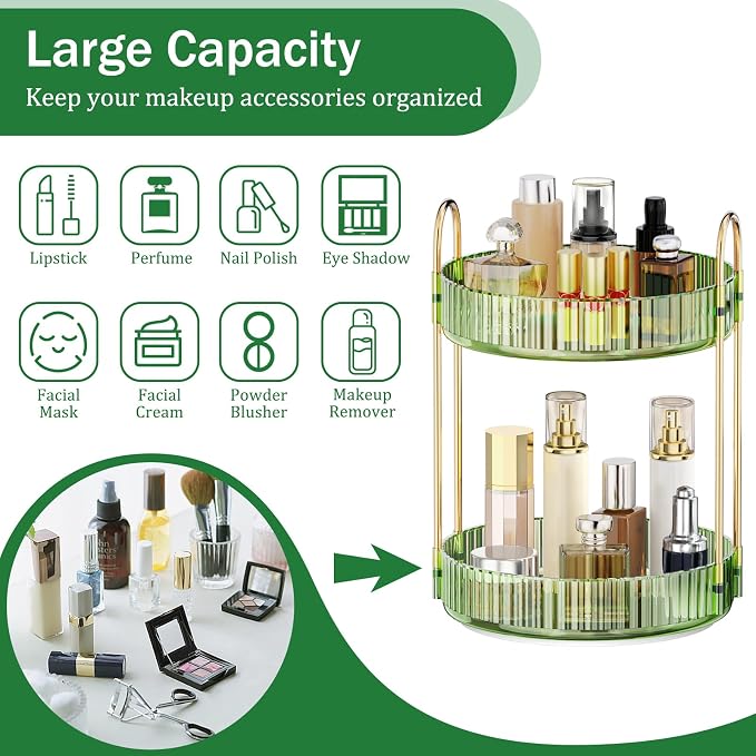 MOKANI 360 Rotating Makeup Organizer for Vanity, 2 Tier Adjustable Perfume Organizer for Dresser, Multi-Function Spinning Cosmetics Skincare Storage for Bedroom, Dresser, Countertop, Green