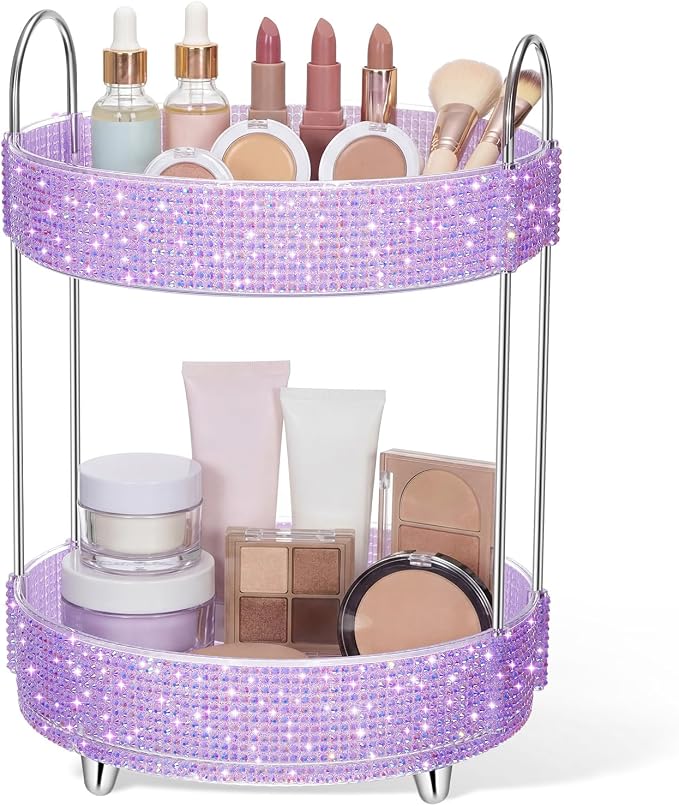 Honeydak 360 Rotating Perfume Organizer Gift for Women, Rhinestone Preppy Skincare Organizer Bathroom Counter Makeup Holder Skincare and Perfume Storage for Cosmetic(2 Tiers,Resin Diamond,Purple)