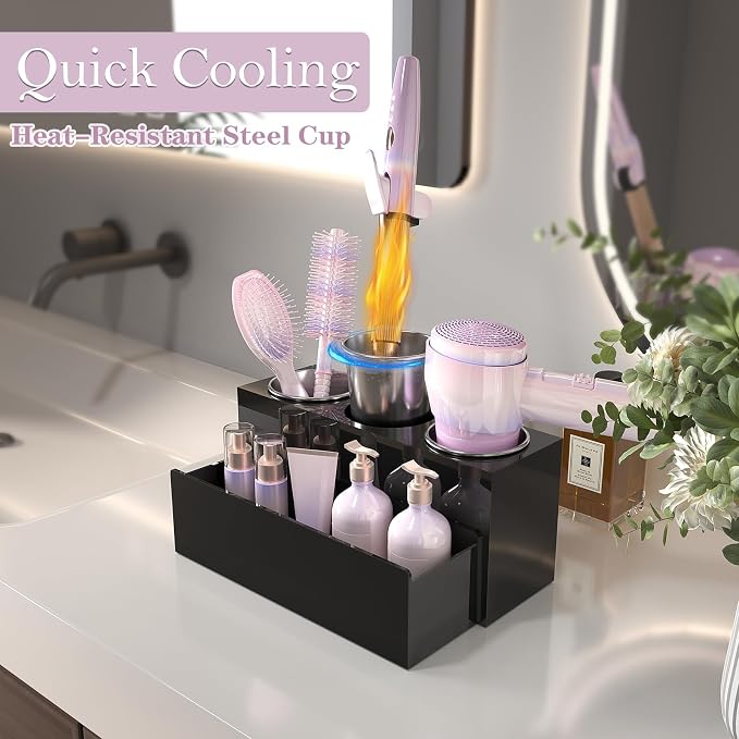 Hair Tool Organizer, Removable Blow Dryer Holder for Bathroom, Hot Tools Organizer For Hair Dryer, Blow Dryer, Curling Iron, Hair Straightener, Bathroom Countertop Organizer, Glossy Black