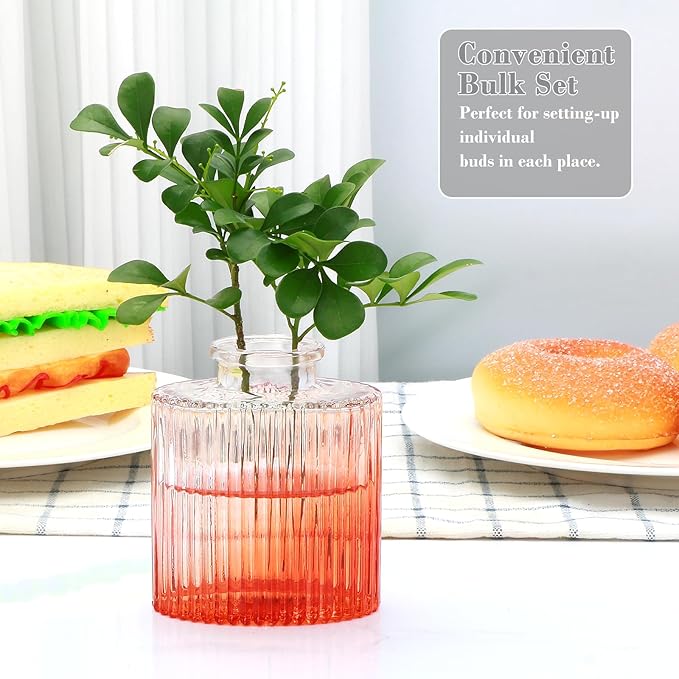 Mapoxy Glass Bud Vases Set of 4,Small Orange Flower Vases for Wedding Centerpiece Table Decorations,Clear Vintage Embossed Mini Vases,Flower Arrangements in Vases for Party or Home Decor