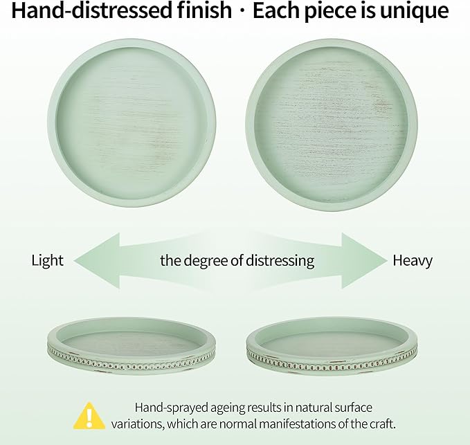 Hanobe Sage Green Tray Decor: Round Decorative Tray for Coffee Table Centerpiece - Wooden Candle Plate Holder for Rustic Farmhouse Home Living Room Kitchen Counter