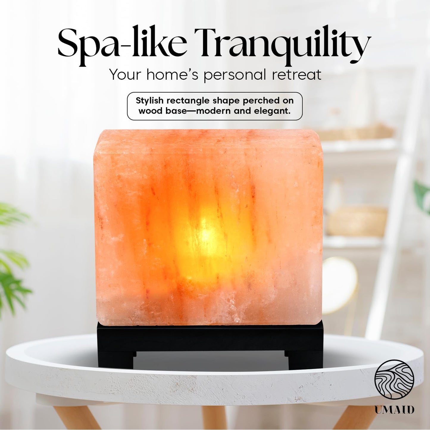 UMAID Himalayan Salt Lamp Rectangle, Natural Pink Rock Lamp on Modern Wood Base with Night Light Bulb and Dimmable Cord, Unique Home Decor, Zen Gifts, Perfect for Spa and Meditation Accessories