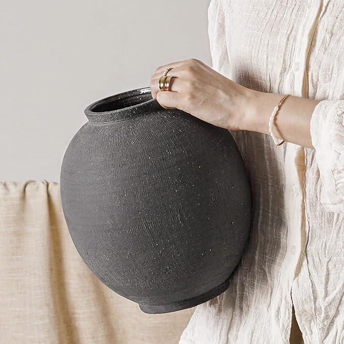 Large Blak Ceramic Vase - 9.8 Inch Rustic Farmhouse Flower Vase for Home Decor, Minimalist Tall Vases for Living Room, Table, Bathroom, Holiday & Weddings,Sandstone Dark Grey