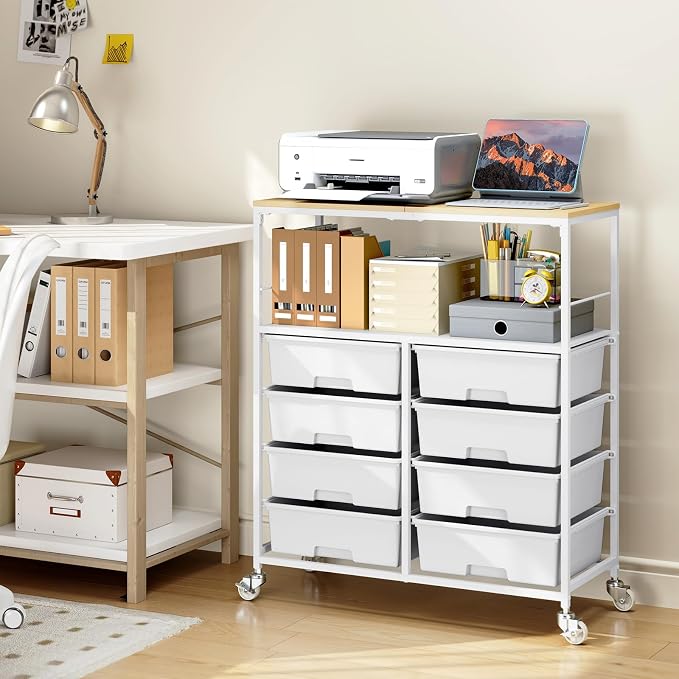 Rolling cart with 8 drawers,Storage drawer cart with wooden tabletop,Lockable wheels organizer for homeschool, arts & crafts, classroom, office & creative spaces (White)