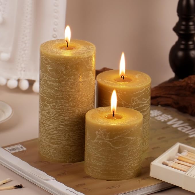 KONNI Wax Yellow Pillar Candles Set of 3, 3"x 3" Unscented Pillar Candles Bulk, 30 Hours Long Burning Candles, Smokeless&Dripless Large Round Candle for Wedding, Home Decoration, Parties, Spas, Dinner