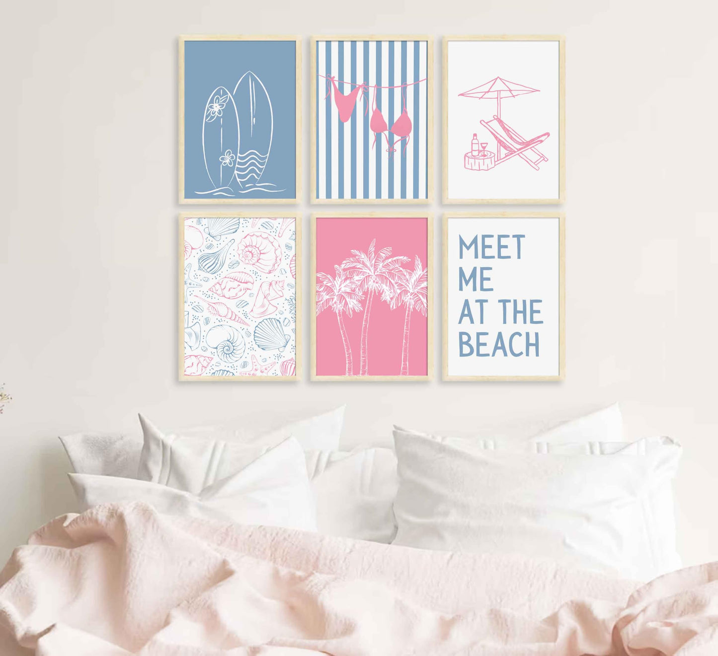 6Pcs Coastal Beach Surfing Wall Art Preppy Bikini Shells Painting Picture Wall Decor Summer Meet Me at the beach Poster Print Artwork for Living Room Bedroom Dining Room Bathroom Home Decoration