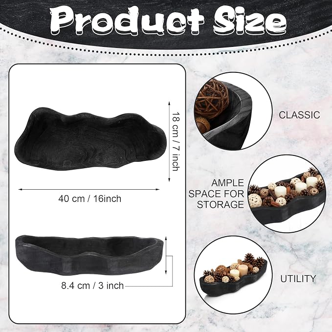 Nuogo 1 Pack 16 Inch Wavy Edge Dough Bowl Large Size Wood Rustic Dough Bowl Decorative for DIY Farmhouse Home Supplies Kitchen Decoration(Black)