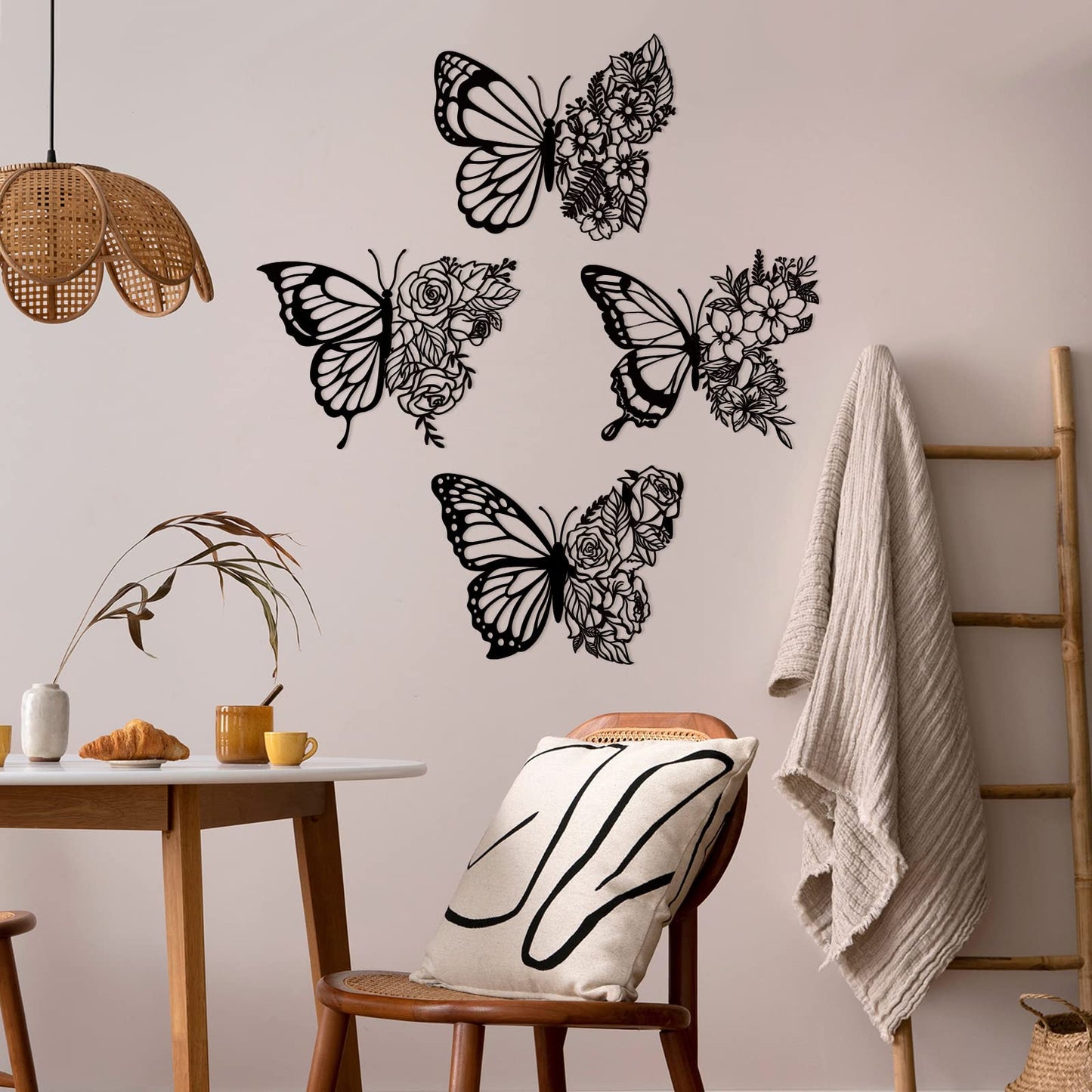 Pelopy 4 Pcs Butterfly Metal Wall Decor Boho Butterfly Decoration Wall Art Iron Hanging Wall Decor Flower Wall Art for Bedroom Living Room Home Wall Indoor Outdoor Farmhouse Black