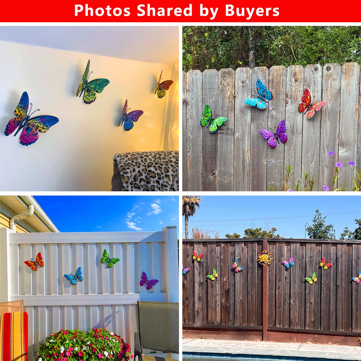 Daogtc Metal Butterfly Wall Decor - 9.6" Outdoor Fence Wall Art Decor, Hanging Decoration for Garden Yard Living Room Bedroom Patio Balcony(4 Pack)