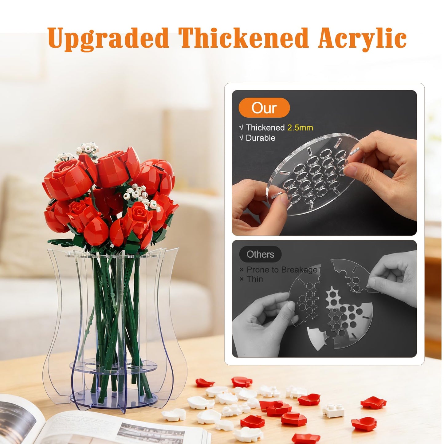 Upgraded Acrylic Vase for Lego Flowers - Thickened Sturdy Display Stand & Holder for Lego Flower Bouquet Building Set, Botanical Collection, Roses & Orchids | Larger Hole Arrangement Design (Clear)