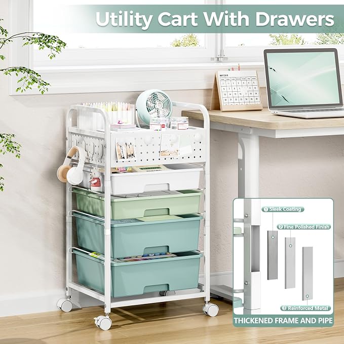 4 Drawer Rolling Storage Cart with Pegboard Top and Hooks, Mobile Organizer Cart with Wheels for Office Supplies, Craft Storage, Classroom Organization, Home Utility Cart, Gradient Green