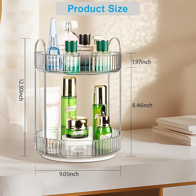 360 Rotating Makeup Organizer, 2 Tier Lazy Susan Bathroom Counter Organizer, Skincare Organizers, Spinning Perfume Organizer & Vanity Organizer Countertop (Classic Grey, 2 Tier)