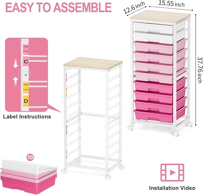 SYKIARIOL Rolling Cart with Drawers,10 Drawer Rolling Cart,Storage Cart,Utility Cart,Teacher Cart for Classroom Storage,Craft Cart with Wheels and Wooden Tabletop,Pink