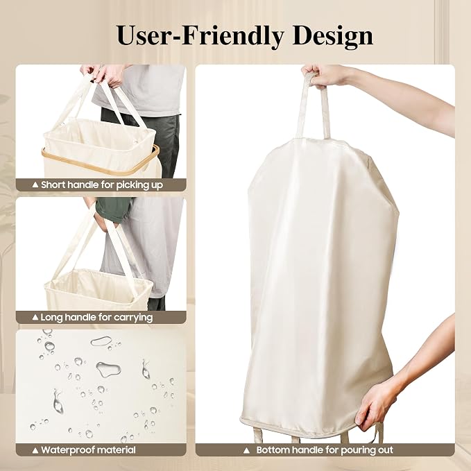 Foluck Large Laundry Hamper, 75L Waterproof Laundry Basket with Lid and Removable Bag, Collapsible Tall Clothes Hamper with Bamboo Handles for Clothes Toys in Dorm Bedroom Bathroom, Beige, ZYL201-W
