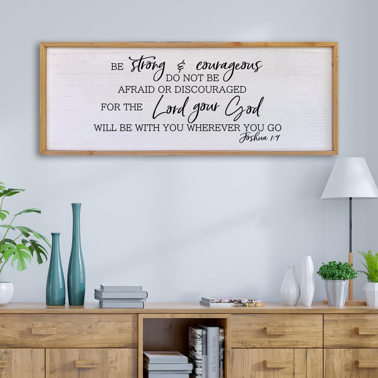 Be Strong And Courageous Sign Wall Decor 40"x15" Large Farmhouse Living Room Plaque Joshua 1:9 Bible Verse Inspirational Quote Positive Faith Home Hanging Rustic Catholic Scripture Christian Art (Wood)