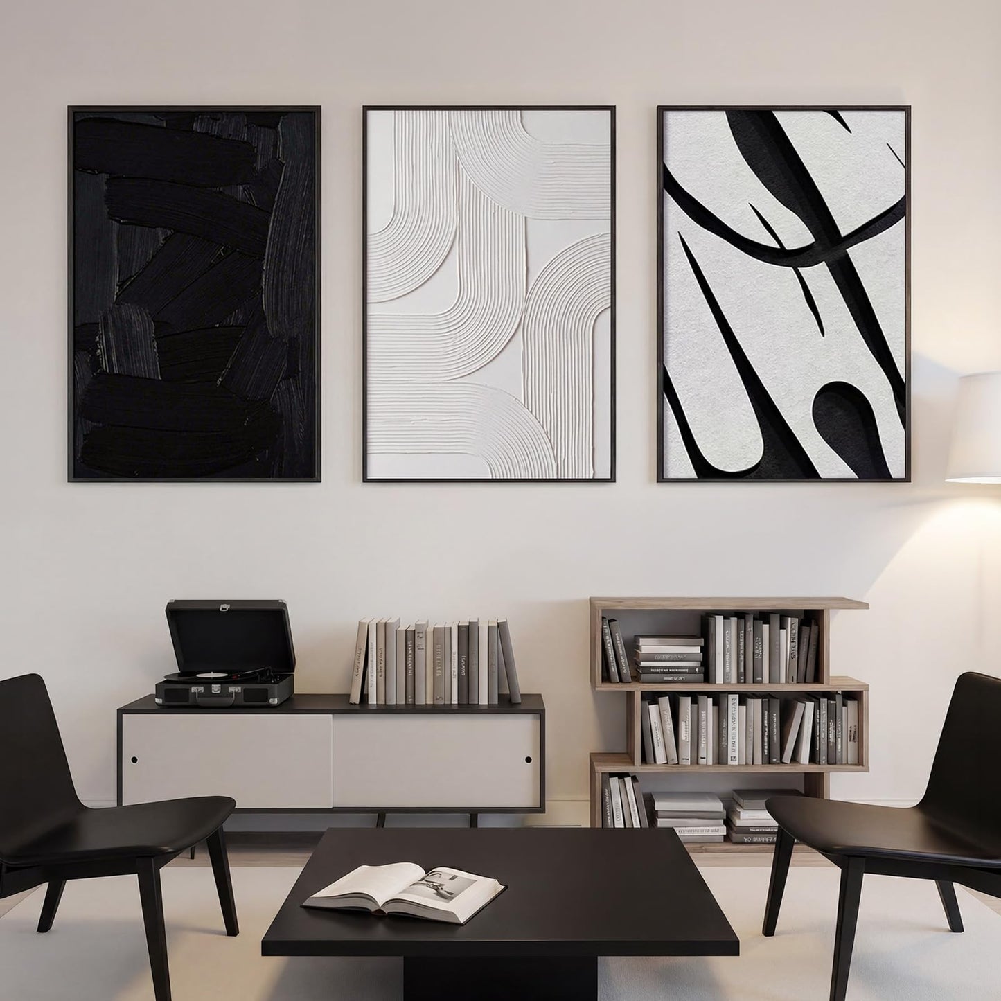 OurWarm 3D Large Framed Black and White Abstract Wall Art for Living Room, 3 Piece Big Minimalist Meutral Textured Modern Wall Art, Wall Pictures for Living Room Hallway Office Wall Decor 24x36 Inch