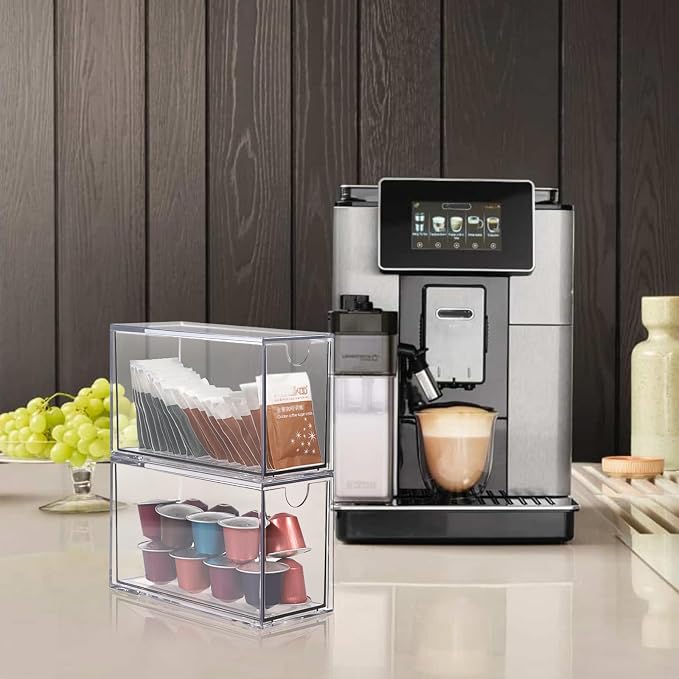 ELLDOO 2 Drawers Tea Bag Organizer, Clear Acrylic Stackable Tea Bag Storage Holder for Kitchen Pantry, Coffee Pod Snack Storage for Countertop Cabinet