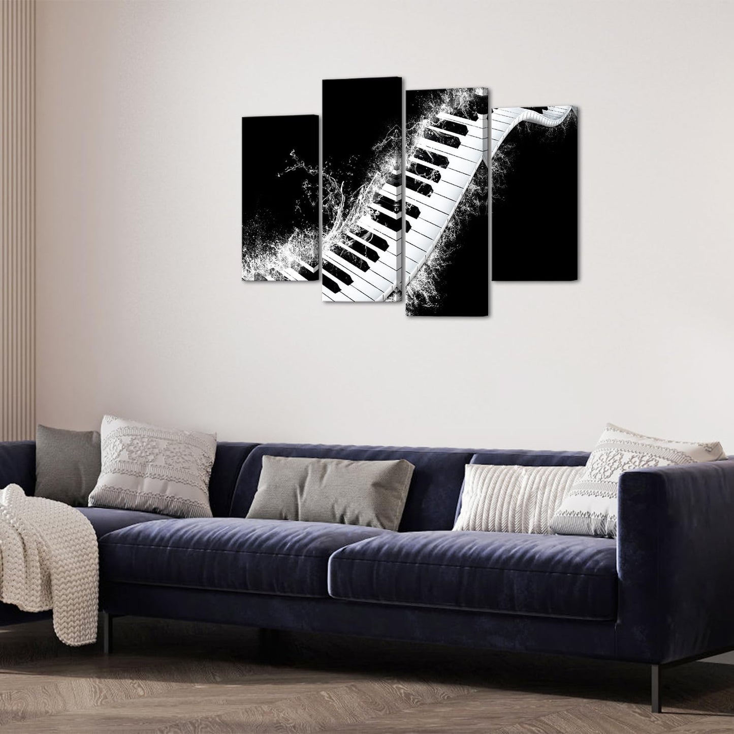 Canvbay 4 Panels Music Canvas Wall Art Black and White Piano Keyboard with Water Splash Pictures Prints Musical Instrument Artwork Framed for Studio Office Living Room Decor