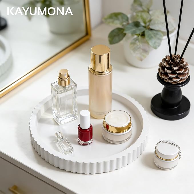 Modern Decorative Tray for Coffee Table, 11" Wooden White Round Small Decor Tray for Candle, Perfume, Vanity, Kitchen Island Counter & Table Centerpiece