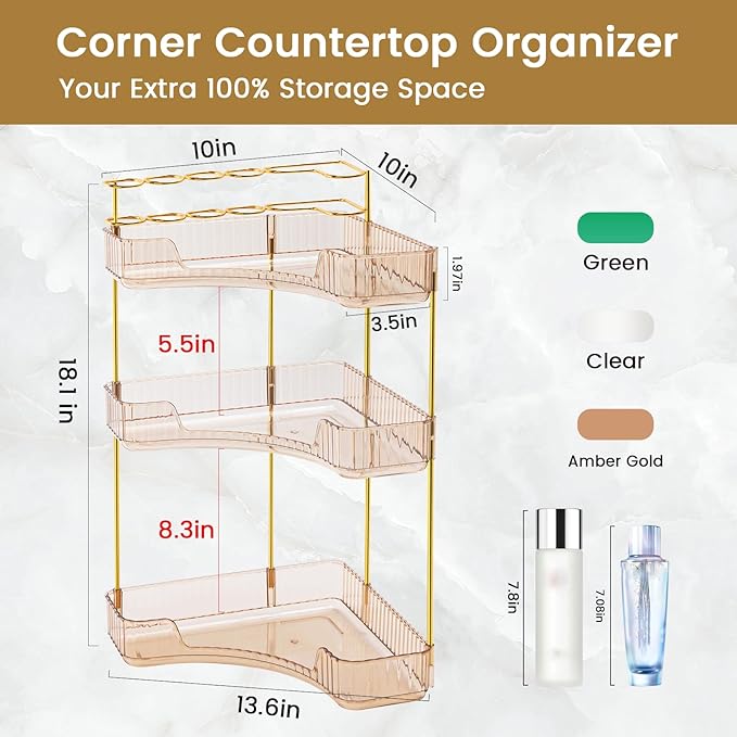 NATURE'S SOURCE Makeup Organizer for Vanity, 3-Tier Corner Bathroom Organizer Countertop with Makeup Brush Holder, Bathroom Counter Storage for Dresser-Amber Gold