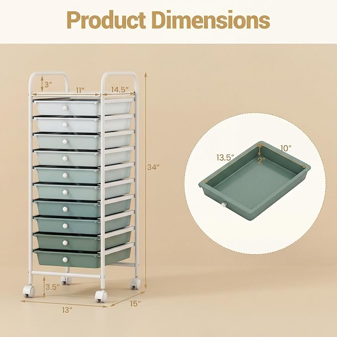 COSTWAY 10-Drawer Rolling Storage Cart, Utility Mobile Trolley with Removable Drawers & Universal Casters & 2 Brakes (Green Gradient,13"L x 15"W x 34"H (10 Drawer))