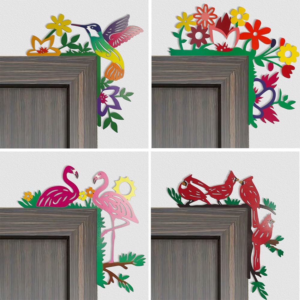 2024 Hand Painted Door Topper, Metal Left Sided Hummingbird Flower Cardinal Flamingo Starfish Leaf Funny Creative Door Frame Topper Corner Silhouette Wall Art Decor for Nature Lovers (Flower)