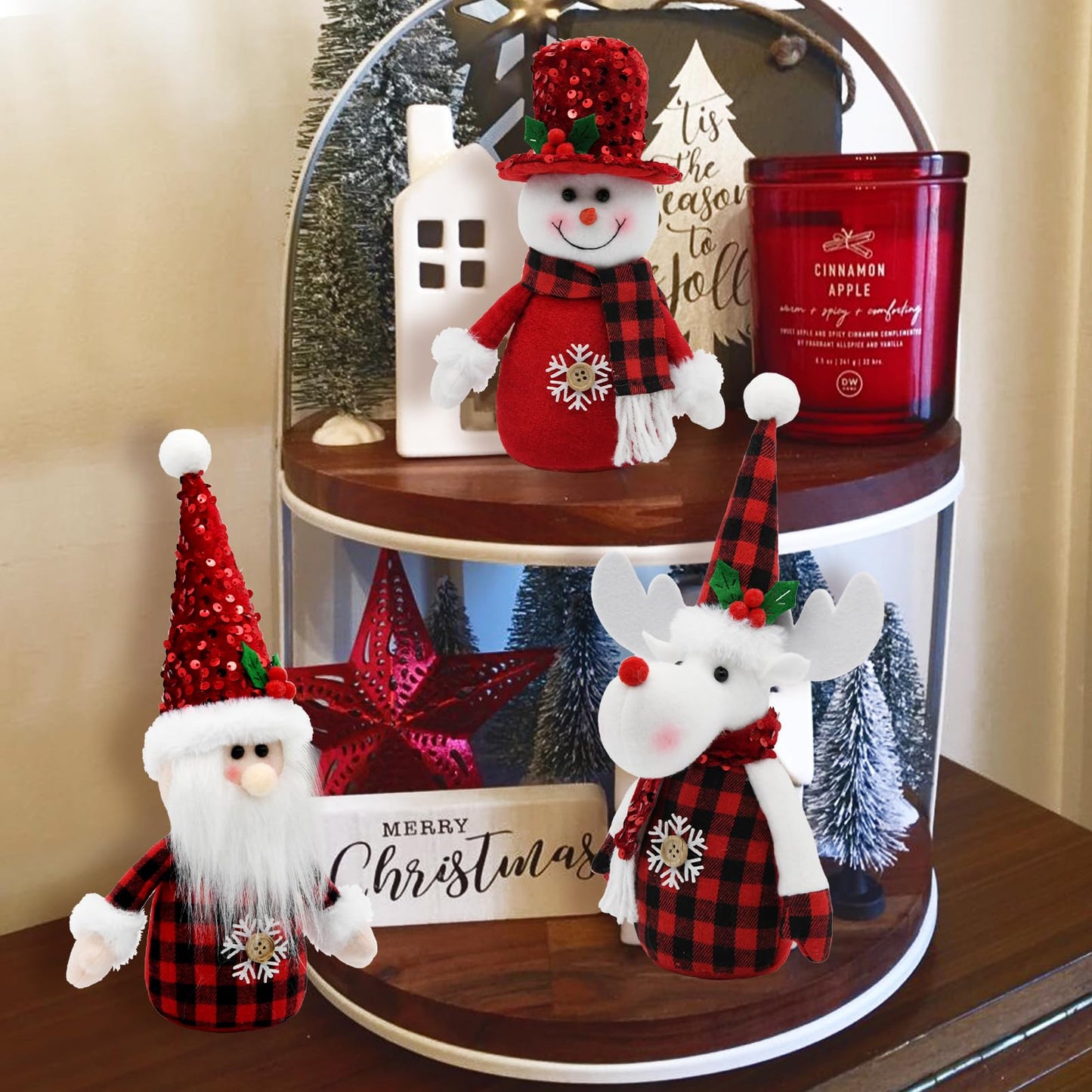 KnomeKo Red Buffalo Plaid Christmas Decorations Indoor- 3 Pcs Red Christmas Snowman & Santa & Reindeer Plush Tabletop Tiered Tray Decor Winter Gifts