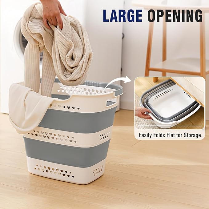 Collapsible Plastic Laundry Basket Hamper with Handles, Large 42L Portable Rubber Clothes Basket, Pop Up Storage Container/Organizer for Washing & Storage, Grey