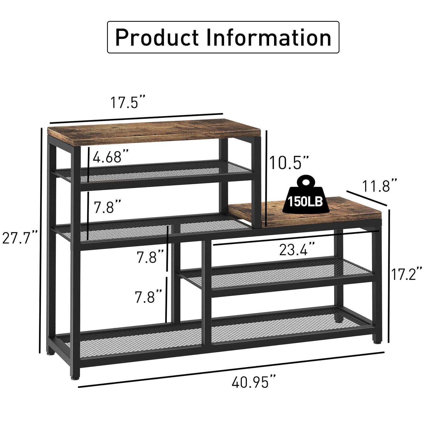 Katrawu Shoe Rack Bench Shoe Storage Organizer with Seat, 5-Tier Industrial Free Standing Shoe Rack for Entryway, Narrow Shoe Rack Organizer Shelves for High Heels, Entryways, Hallways, Closets,Brown