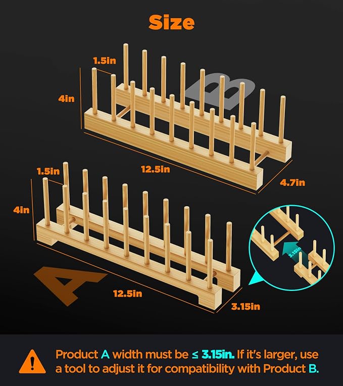 Bamboo Dish Drying Rack Set of 2, Adjustable Plate Organizer for Cabinet, Space-Saving for Plates, Bowls, Cups, Pot Lids & Cutting Boards, Vertical Bamboo Plate Holder Rack Dish Organizer
