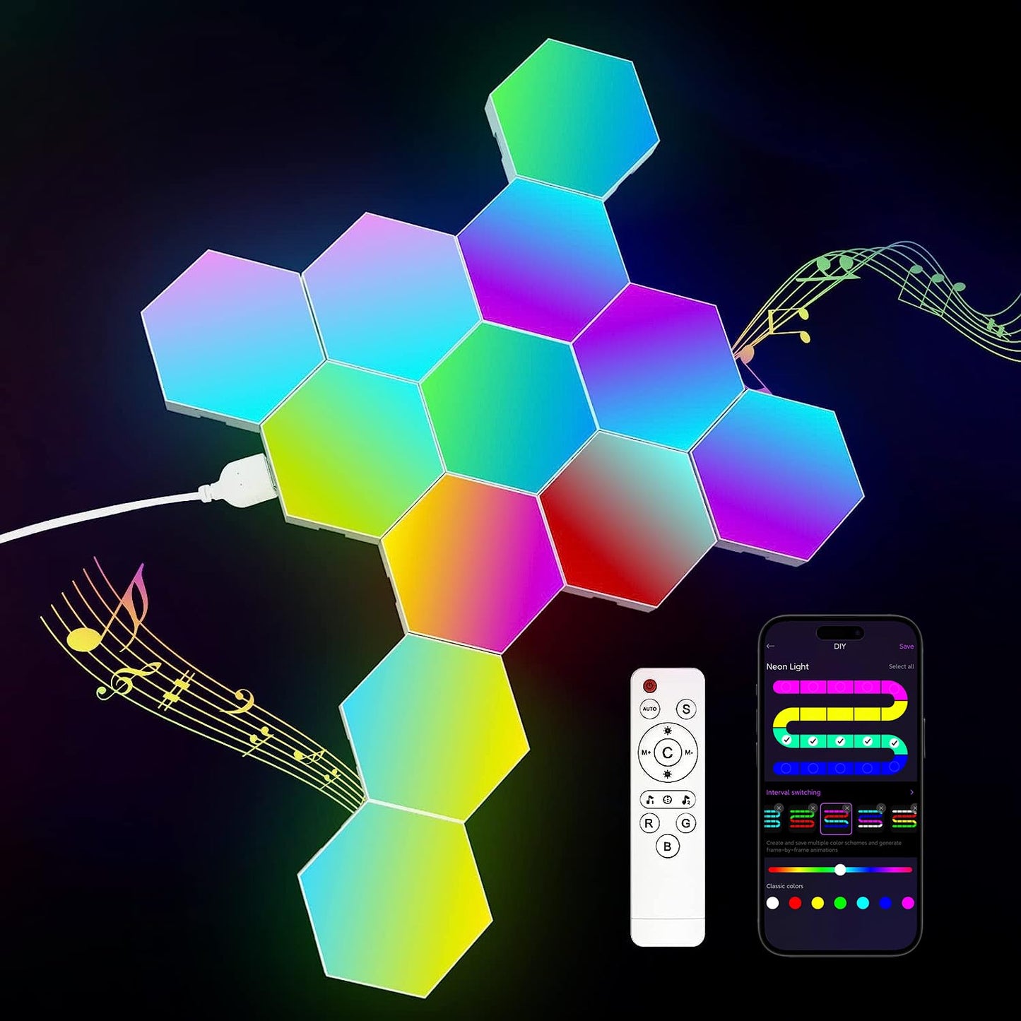 JIMIMORO 12-Pack Hexagon Light Panels – Smart RGB LED Wall Lights with App & Remote – Music Sync Gaming Lights for Room Decor, Birthday & Party Gifts for Boys, Teens, Men, Boyfriends, and Kids