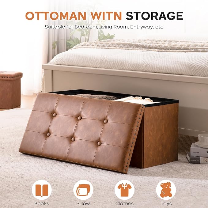 oakvivo 30 Inches Folding Storage Ottoman Bench, PU Leather Tufted End of Bed Bench, Foot Rest with Rivet Design, Ottoman with Storage, Load 330 lb, for Living Room, Bedroom, Entryway, Brown