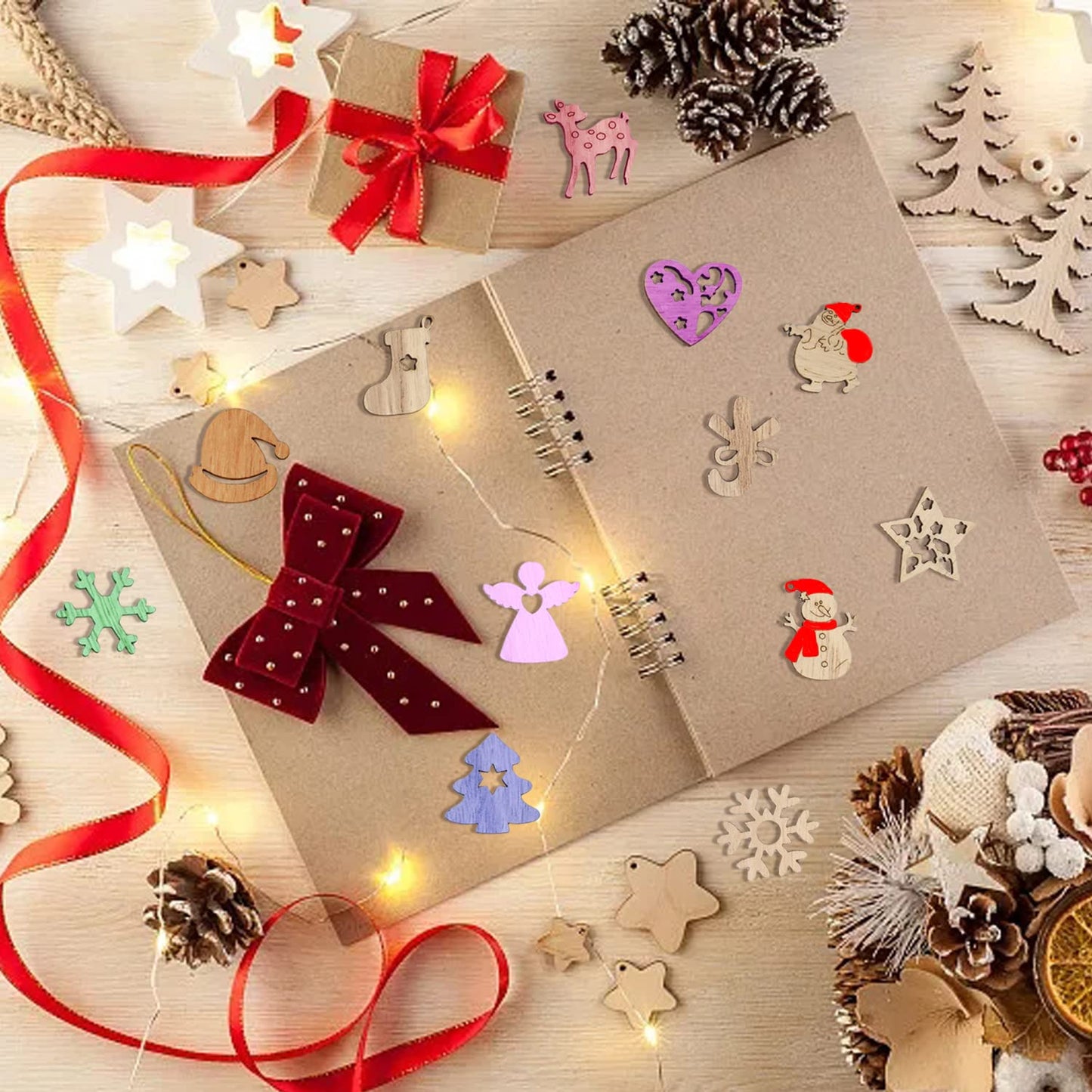 yueton 100PCS Mini Christmas Tree Snowflakes Stars Moose Bells Hats Socks Angels Christmas Unfinished Blank Wood Pieces Wood Slices Wood Chips Embellishments for DIY Crafts, Home Decoration, etc