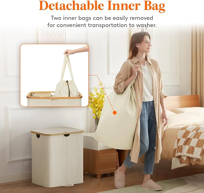 Lifewit 120L Double Laundry Hamper with Lid, Large Laundry Basket with Removable Bag & Bamboo Handles, Fodable Tall Dirty Clothes Hamper for Laundry Collapsible Bin for Bathroom Bedroom Dorm, Beige