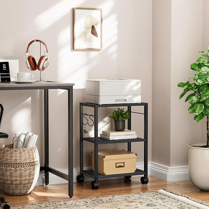 MAHANCRIS Printer Stand, 3-Tier Under Desk Rolling Cart with Storage Shelf, Heavy Duty Printer Table with Wheels for Home Office, Printer Shelf with 2 Hooks, for Small Spaces, Black PTHB4001V
