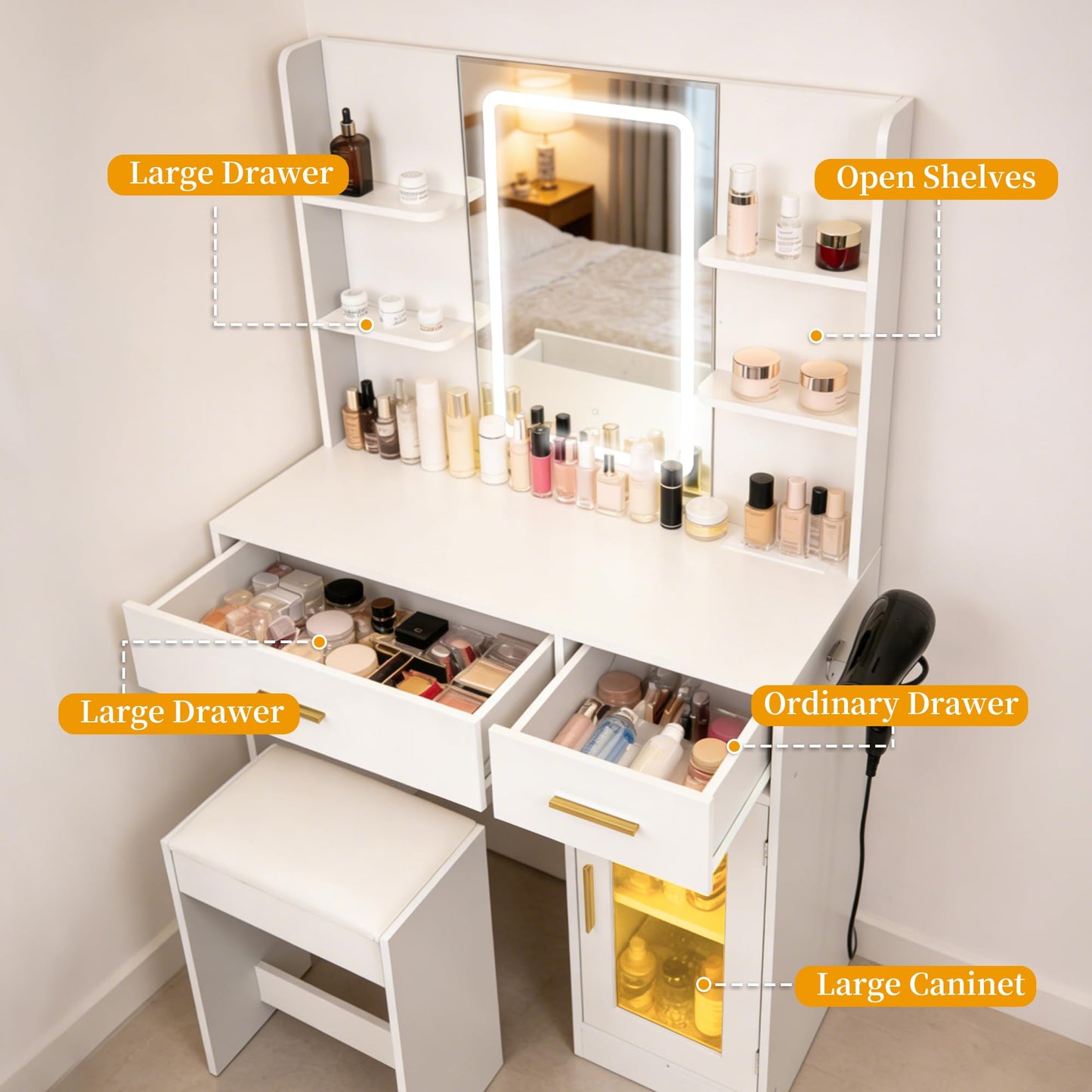 Ntufrest White LED Vanity Table with Three-Color Adjustable Light HD Mirror, USB Charging Port,Leather Stool, Double-Layer Acrylic Cabinet with Ambient Lighting,and Makeup Table with Drawer Storage