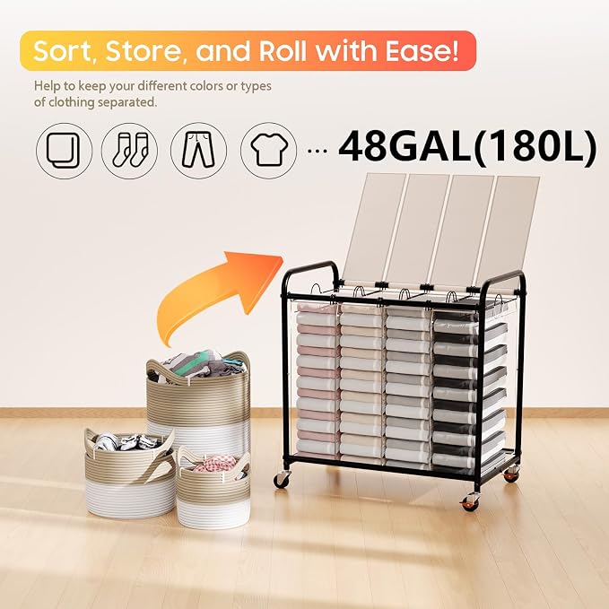 Laundry Sorter 4 Sections 48 Gal, Rolling Laundry Basket with Lockable Wheels and Lid, Laundry Hamper with 4 Separated Removable Bags Dirty Clothes Hamper for Laundry Room Organizer, White