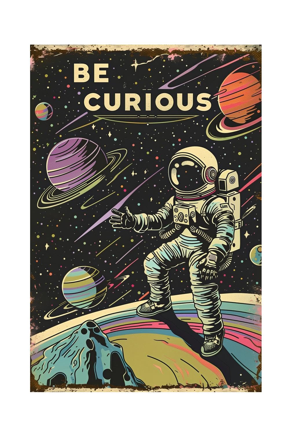 Xanovir Astronauts Tin Signs, Outer Space Metal Arts, Be Curious, Universe Space Poster Planet Positive Wall Decor Plaque for Boys Kids Nursery, Game room 8 X 12 Inches