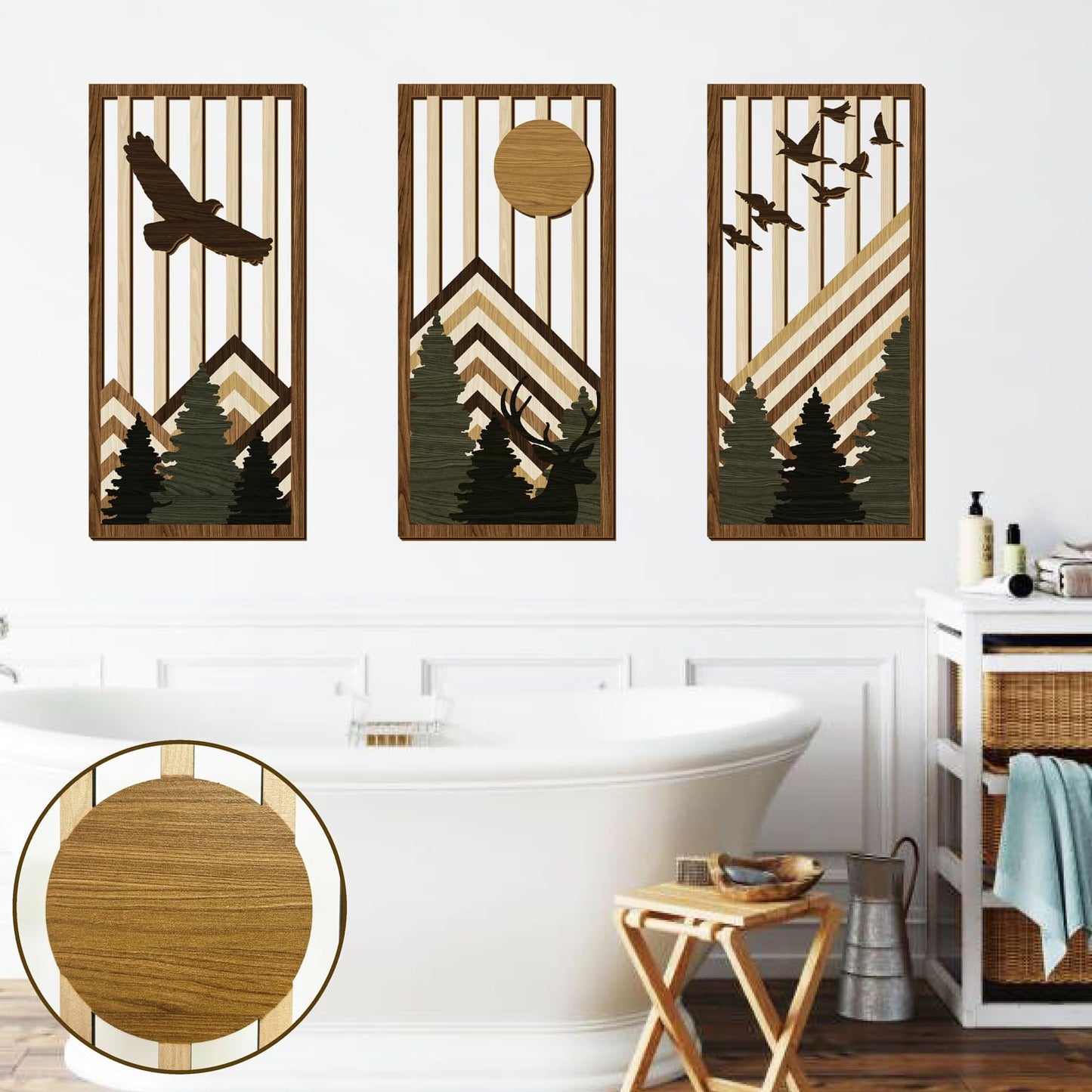 3 Pcs Wooden Boho Mountain Wall Art Mid Century Modern Wall Decor Nature Geometric Line Artwork for Living Room Rustic Home Indoor Decoration MCM Landscape Hanging Plaque for Bedroom Office Accents