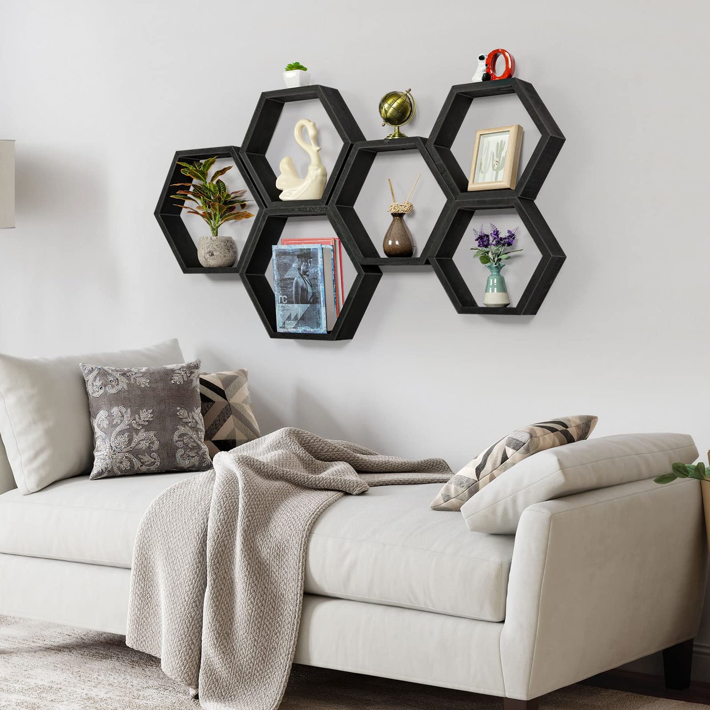 YBING Hexagon Floating Shelves Black Hexagon Shelves for Wall Wood Farmhouse Storage Honeycomb Shelves Set of 6 Hexagon Wall Mounted Home Decor Storage Shelves for Living Room Bedroom Office