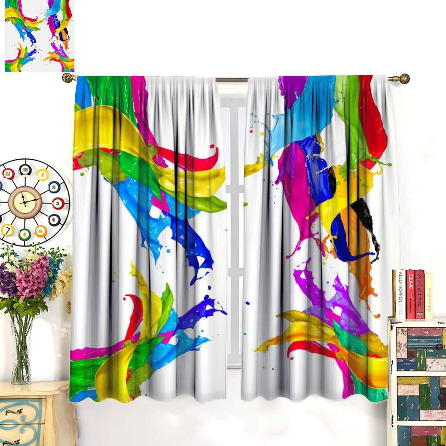 Yoakiet Colorful Paint Curtains, Rainbow Color Creative Abstract Splatter Paint Painting Art White Background Print Rod Pocket Window Treatments Drapes for Bedroom Kitchen Living Room 42" W X 45" L