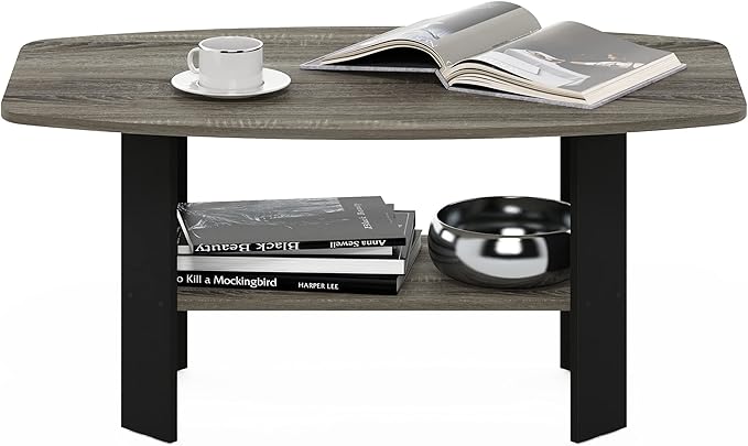 Furinno Simple Coffee Table, 2-Tier Small Coffee Table wih Open Shelf, Side Table, Tabletop with Soft Edges, for Living Room, Home Office, Grey Oak