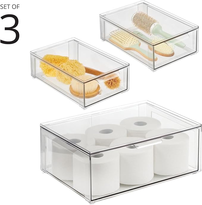 mDesign Plastic Stackable Bathroom Storage Organizer Bin Containers with Front Pull Drawer for Bathroom Countertop, Vanity, Closet Shelves - Holder for Accessories, Lumiere Collection, Set of 3, Clear