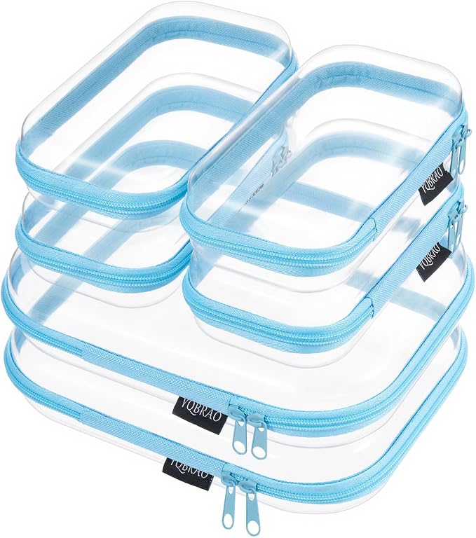 6 Pack Blue Clear Hard Shell Beauty Organizer (2M+4S), 1.2mm Heavy Duty Crush-Proof Cosmetic Case, Reinforced YKK Zippers, Stadium Approved Security Bag for Skincare & Electronics, Multi-Size Set