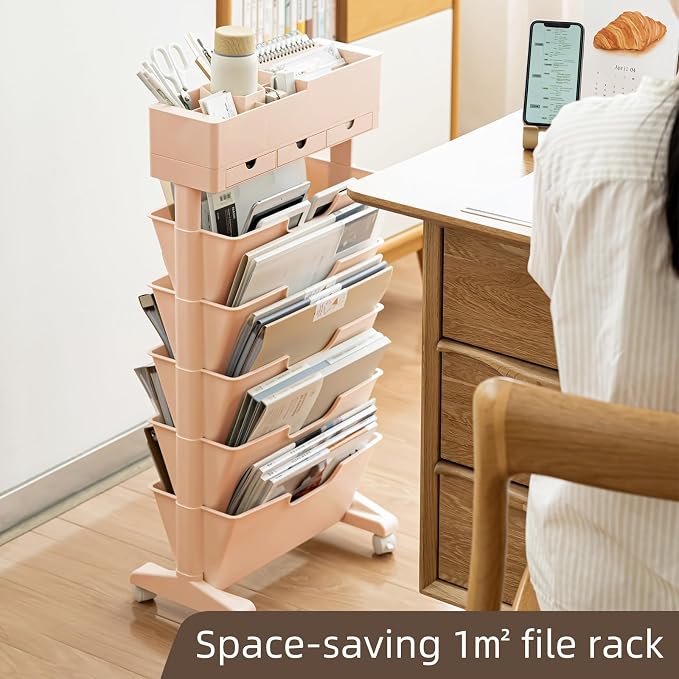 5 Tier Rolling Book Cart Multi-Functional Movable Storage Bookshelves with Lockable Wheels for Study Office Library Classroom, (Pink, with Wheel)