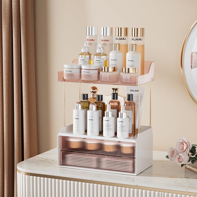 Delamu Bathroom Organizers and Storage, 2 Tier 2 Drawer Makeup Organizer Countertop, Easy to Install, Ideal for Bathroom Counter, Vanity, Ideal Gifts for Women Girls, Grapefruit