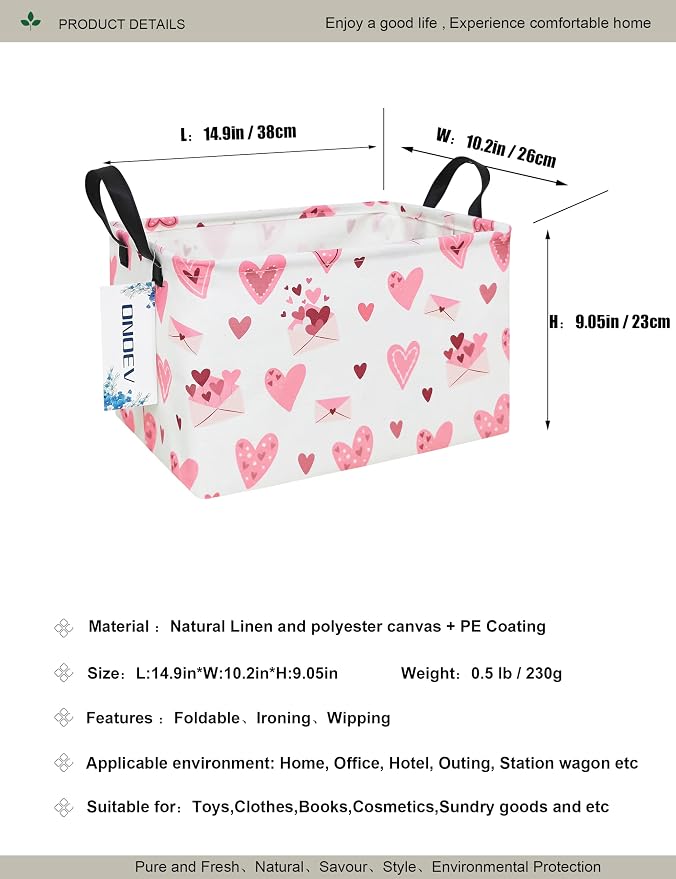 Rectangular Folding Laundry Basket,waterproof Canvas Basket,Gift Basket,Suitable for Children's Room,Office,Clothes,Toys Storage(Pink Love)